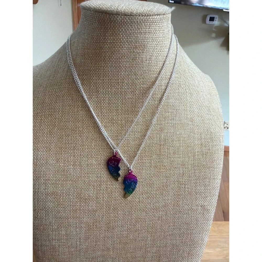 Best Friends Rainbow Ombre Split Heart Necklace Set 2pc Silver Tone